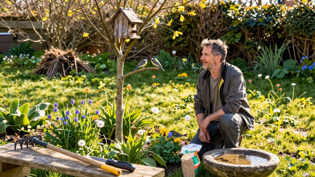 Homem a observar dois pássaros num jardim com flores e casa de pássaros na árvore em dia ensolarado.