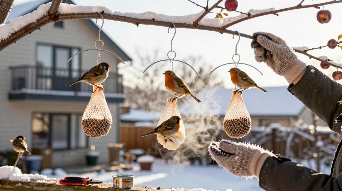 Pássaros a pousar em alimentadores pendurados numa árvore coberta de neve no quintal de uma casa.