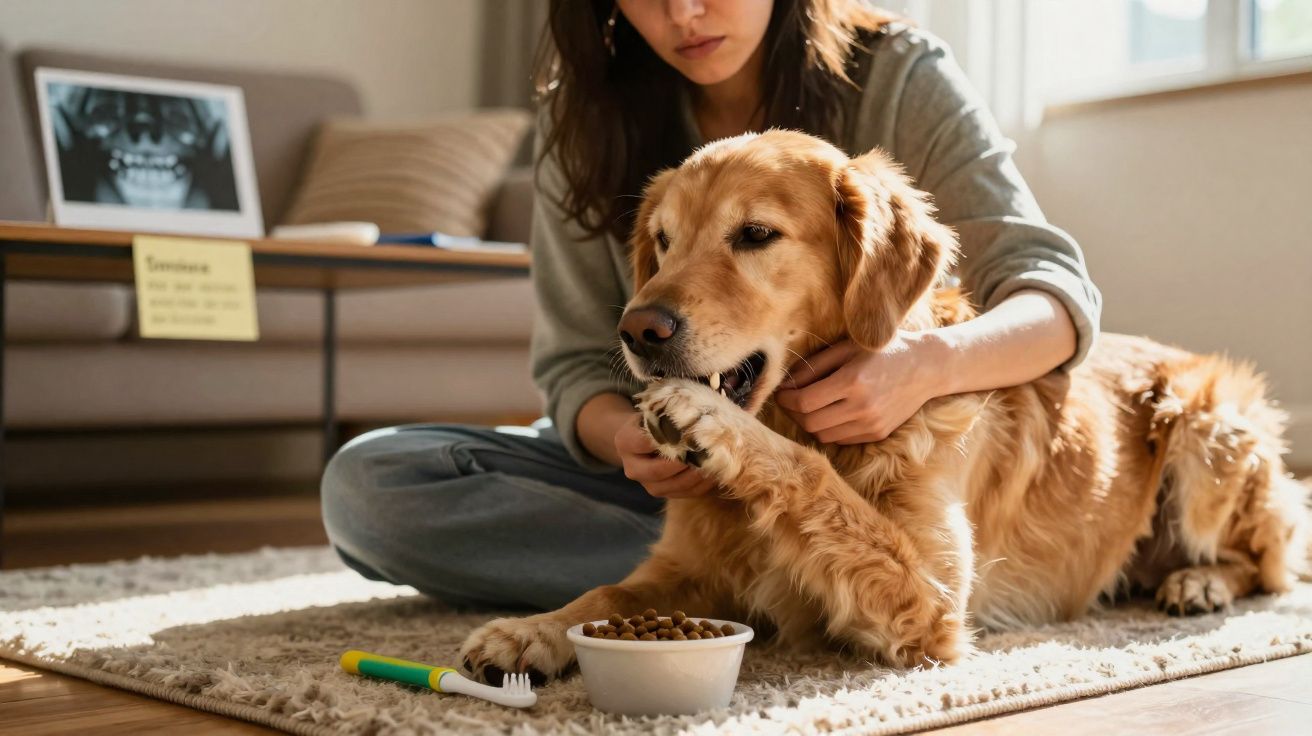 Mulher sentado no chão com cão golden retriever, a cuidar e dar comida ao cão dentro de casa.
