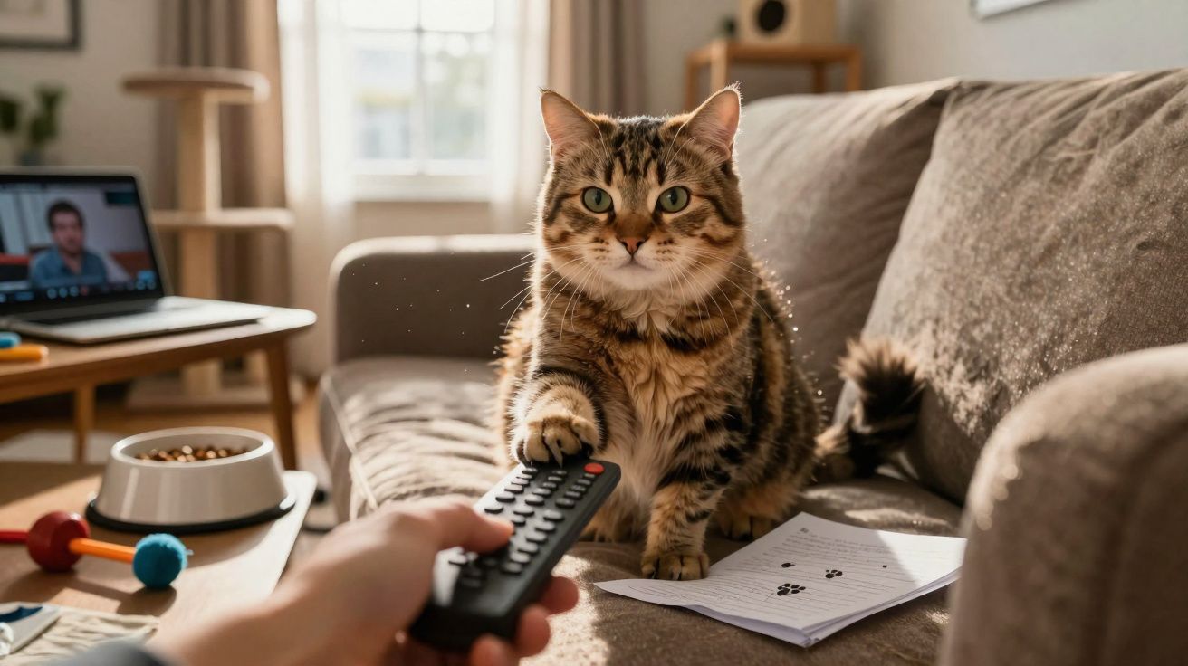 Gato tigrado sentado no sofá a agarrar comando, com tigela de comida e brinquedos numa sala iluminada.