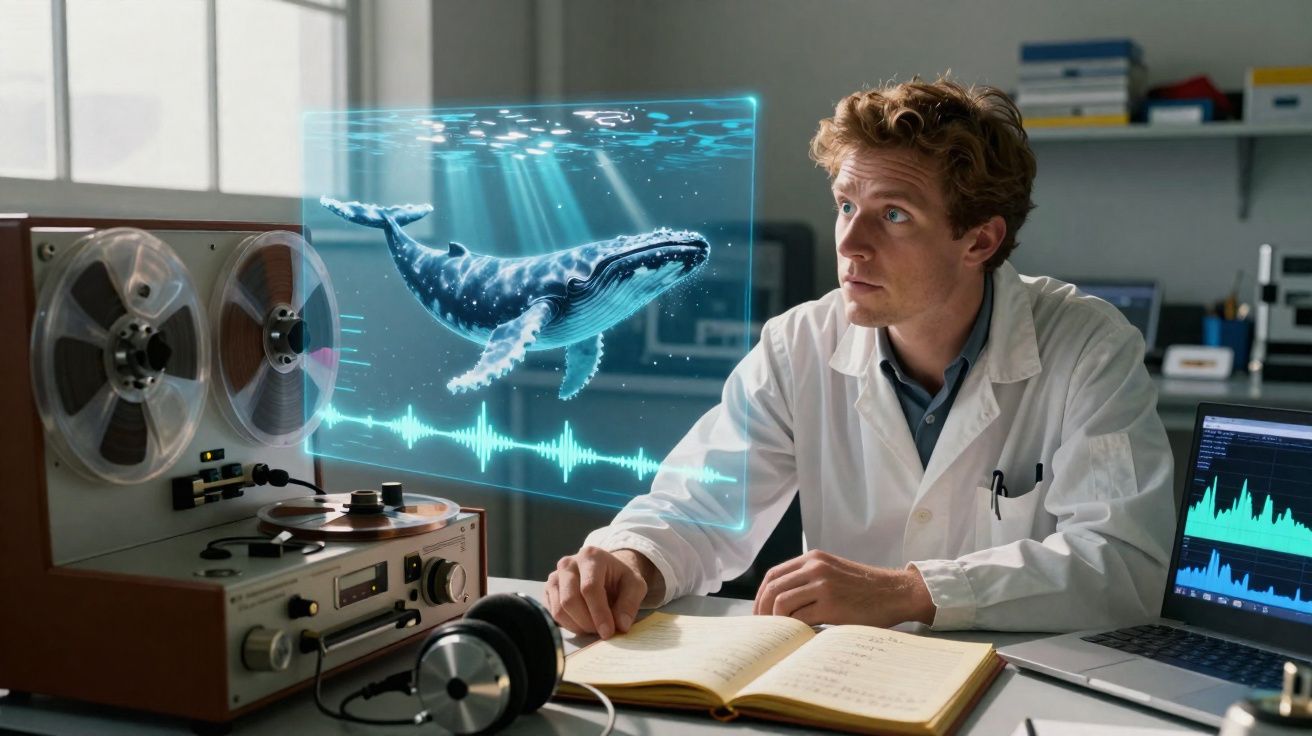 Cientista observa holograma de uma baleia azul enquanto analisa dados num laboratório moderno.