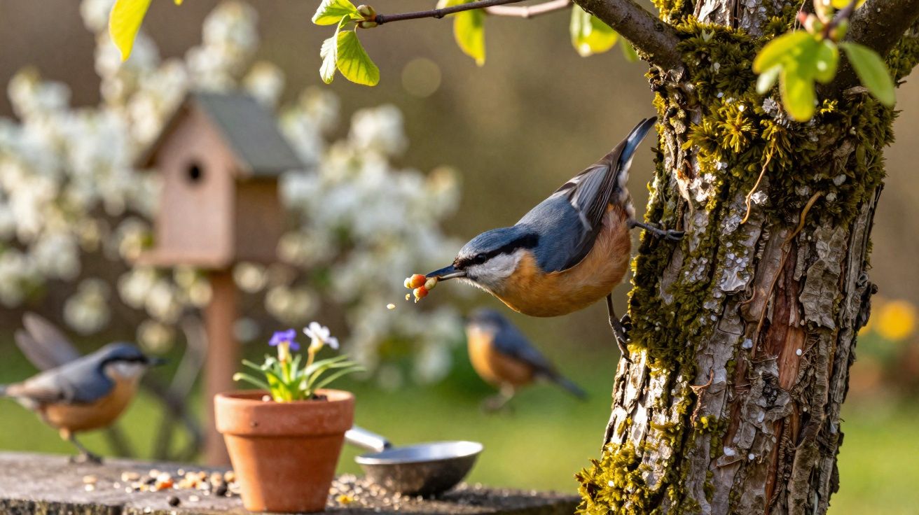 Pássaro empoleirado numa árvore a segurar sementes no bico, com dois pássaros e um comedouro desfocados ao fundo.