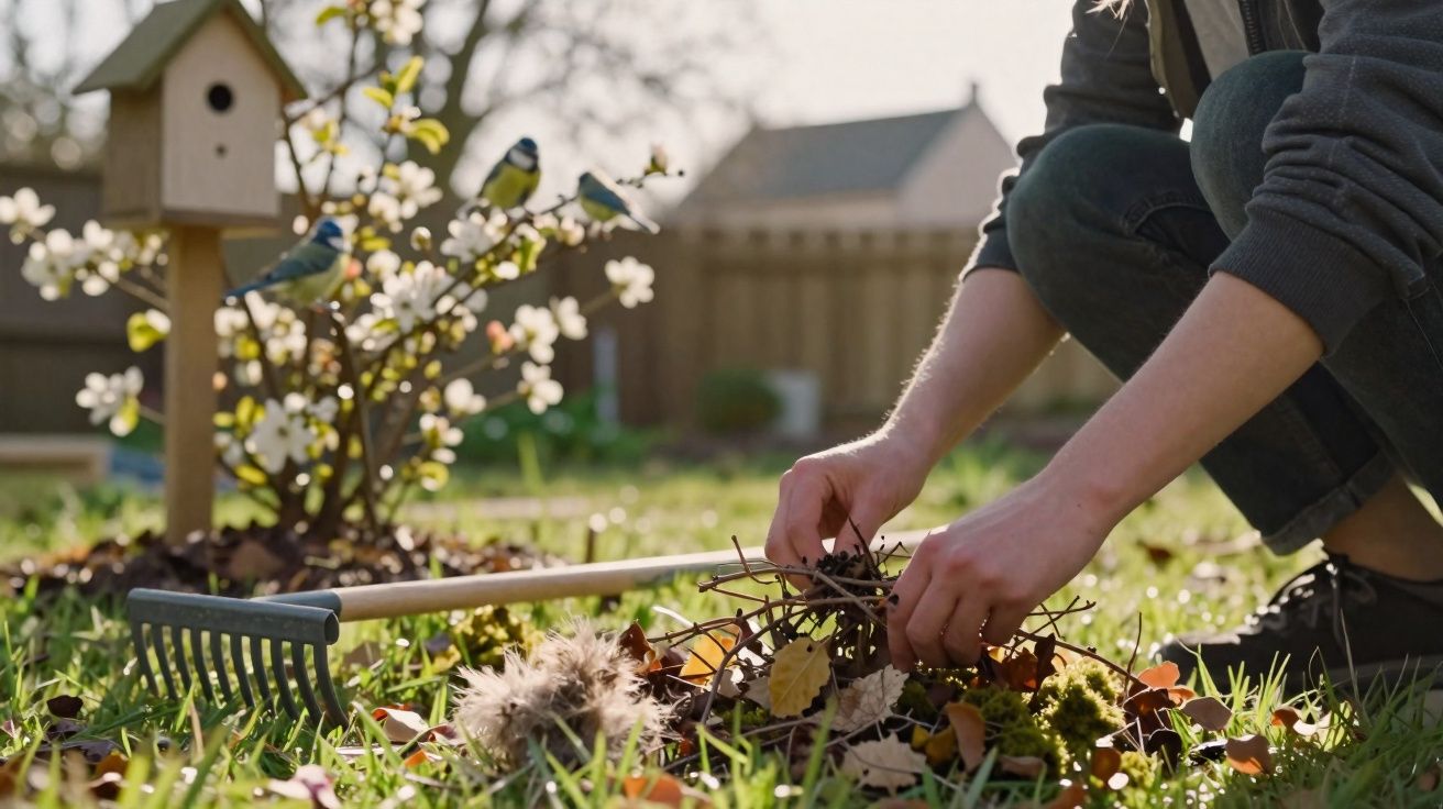Pessoa a apanhar folhas e ramos secos no jardim com um ancinho ao lado, em dia soalheiro de primavera.