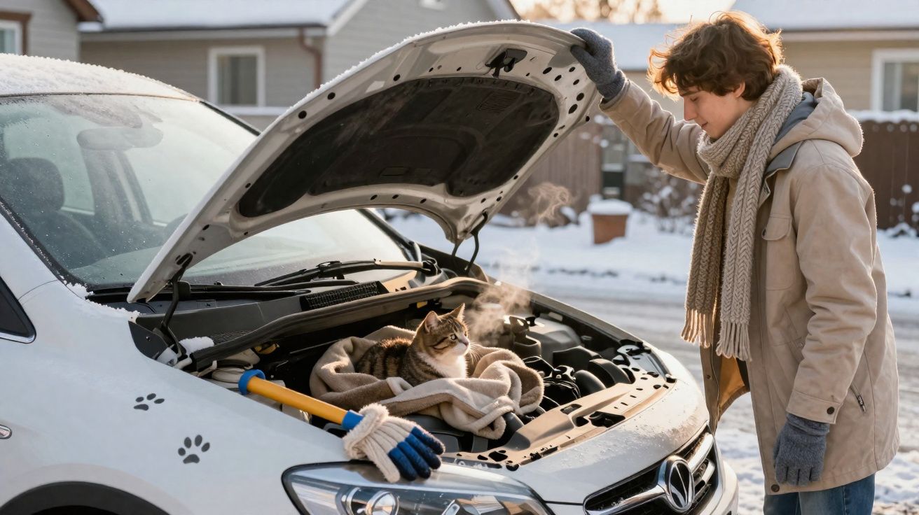 Jovem vestido para frio olha gato sentado em mantas dentro do motor aberto de um carro branco na neve.