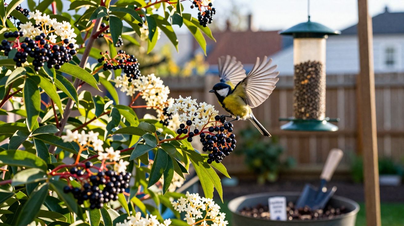 Pássaro com asas abertas voa perto de flores brancas e bagas negras num jardim com comedouro de aves.