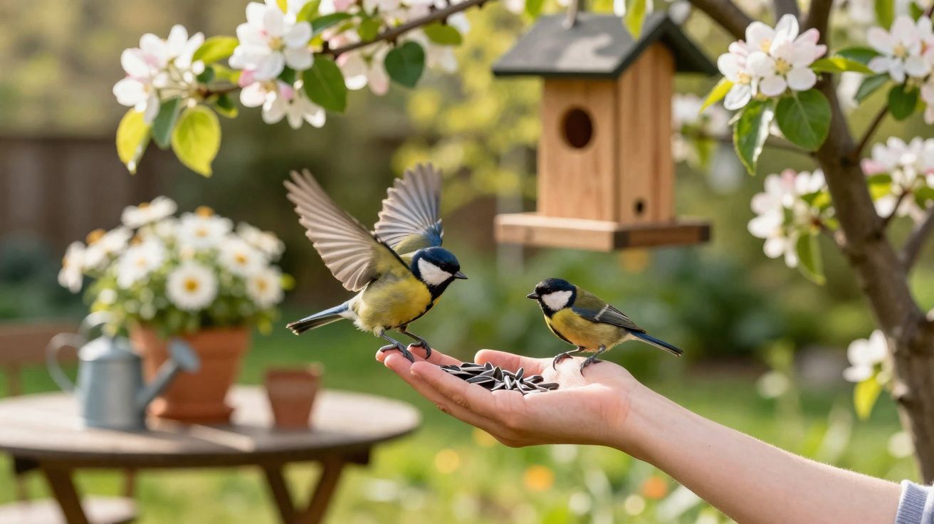 Dois pássaros a comer sementes da mão estendida sob árvore florida com casa de aves ao fundo.