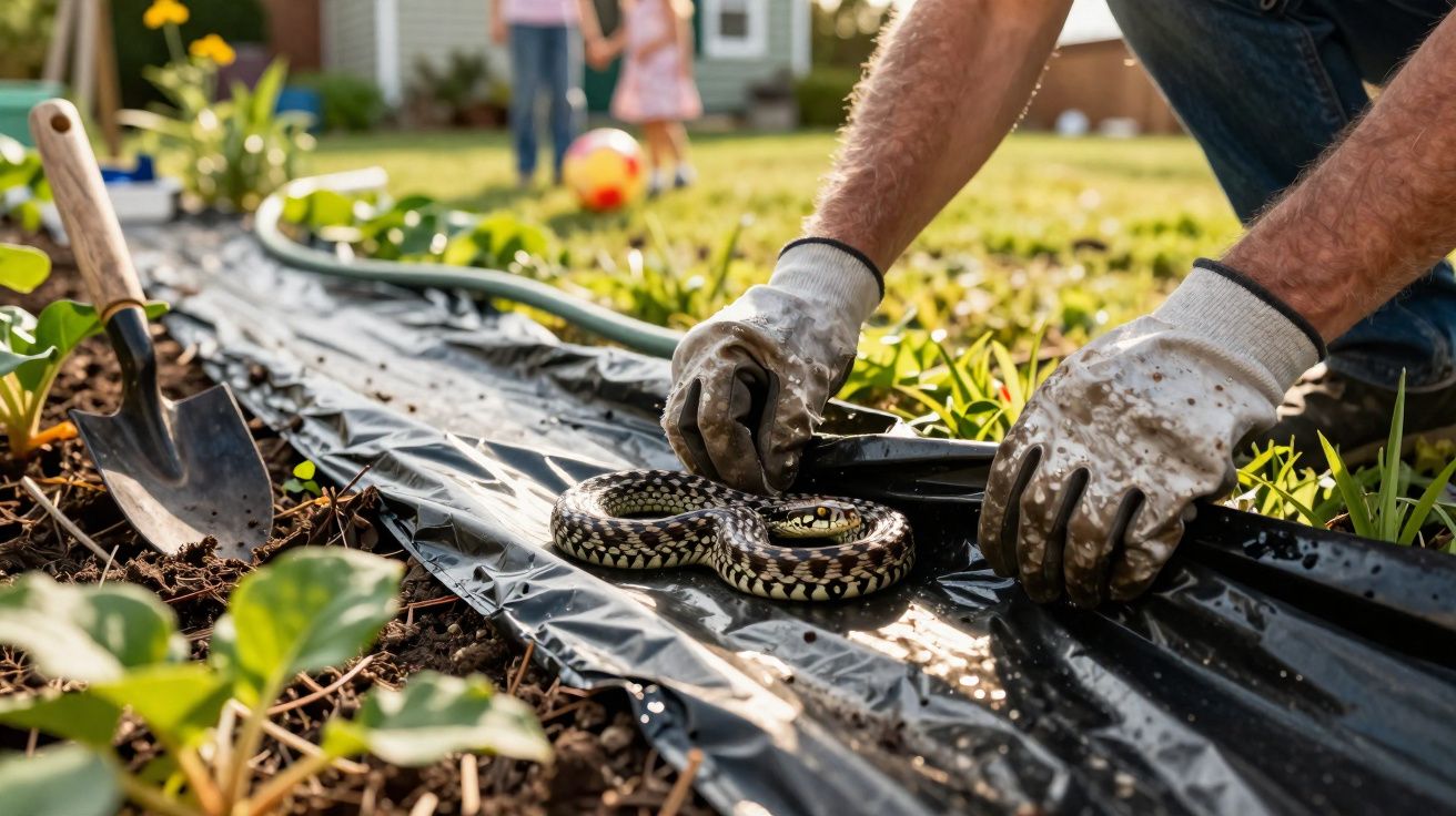Mãos com luvas a retirar uma cobra pequena enrolada sobre plástico num jardim com plantas e um ancinho.