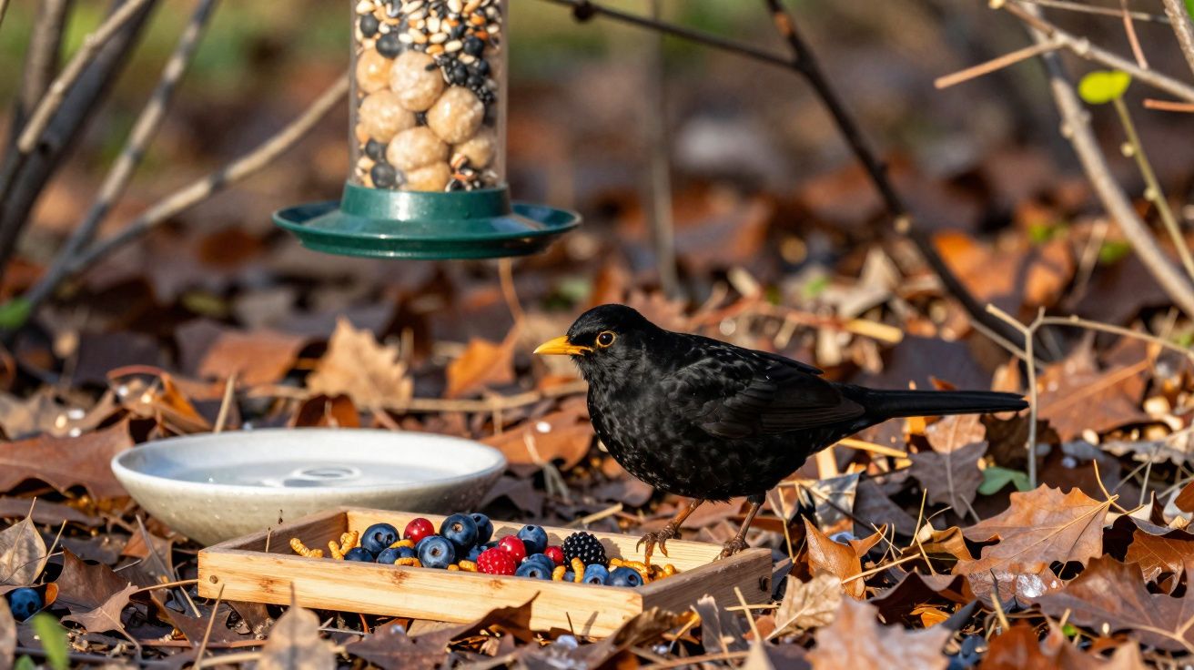 Pardal preto junto a uma caixa de madeira com frutos e comedouro pendurado no outono.