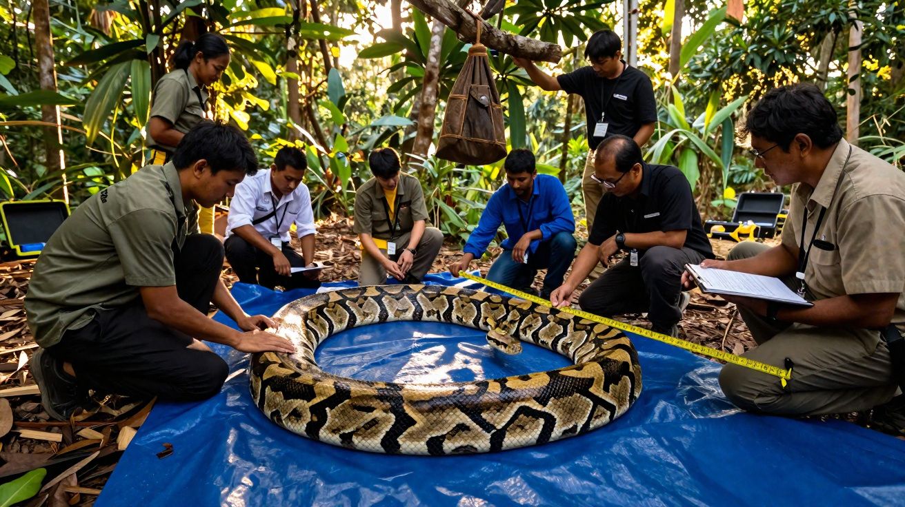 Grupo de homens mede e estuda uma enorme píton enrolada numa lona azul numa floresta.