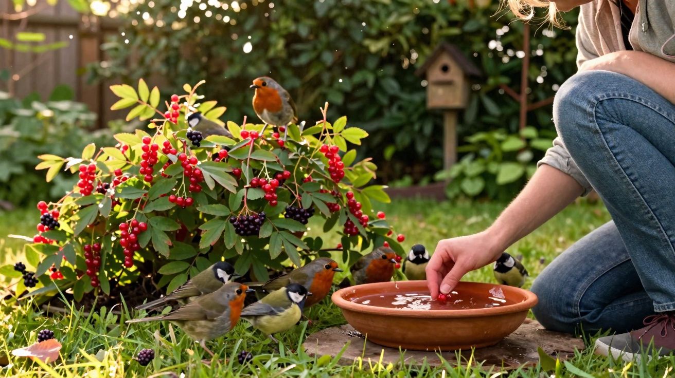 Pessoa alimenta pássaros junto a arbusto com bagas vermelhas num jardim ao ar livre.