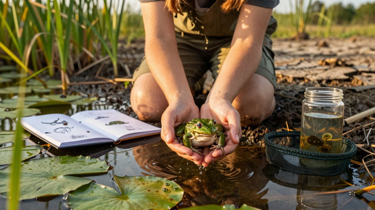 Pessoa a segurar uma rã verde junto a um lago com plantas aquáticas, livro de estudo e recipiente com água.