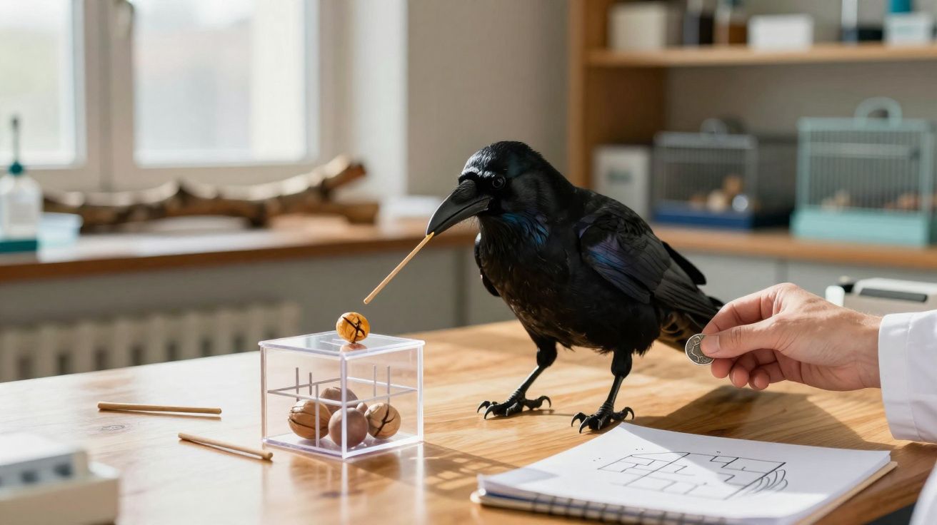Corvo negro usando um pau para apanhar uma noz numa caixa transparente numa mesa de madeira.