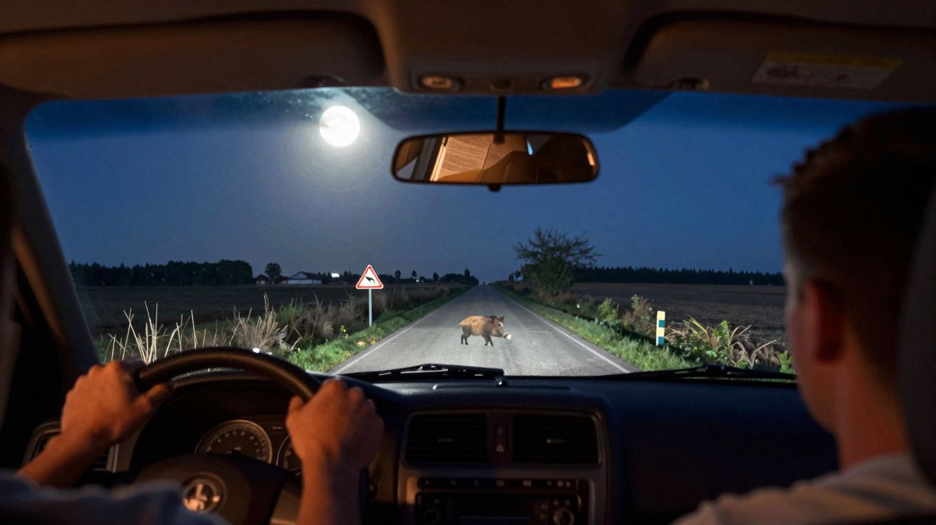 Interior de carro à noite numa estrada rural com javali atravessando ao luar e sinal de aviso no lado esquerdo.