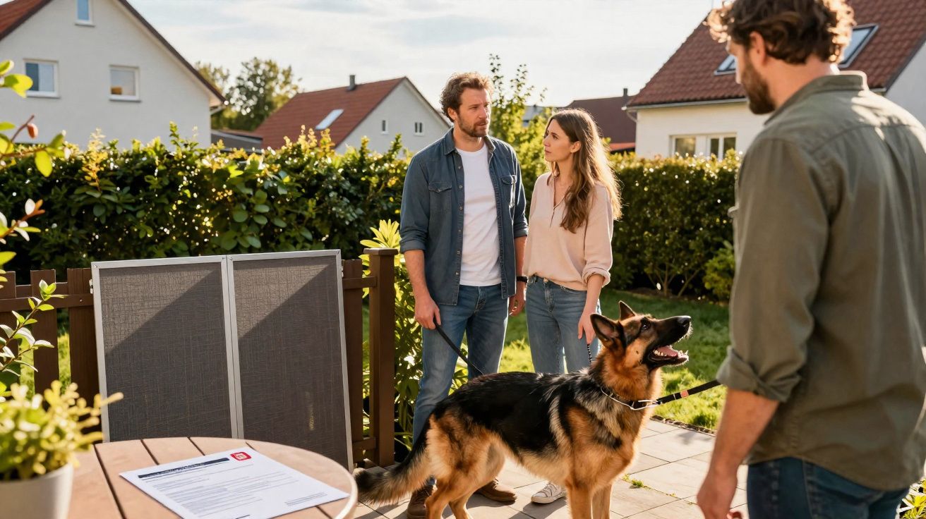 Casal com cão pastor alemão conversa com homem em jardim com casas ao fundo ao entardecer.