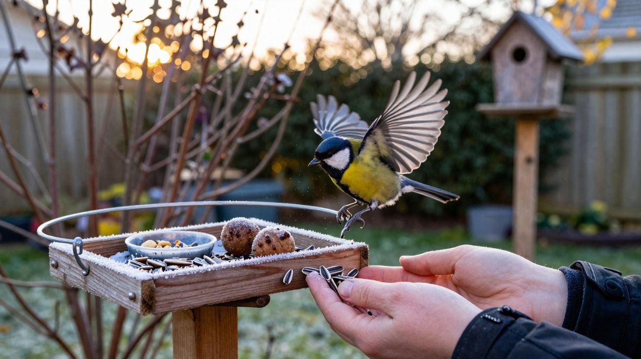 Pássaro com asas abertas a pousar em mão humana junto a alimentador de madeira com sementes no jardim.