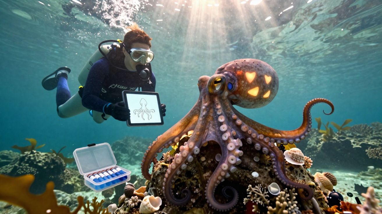 Mergulhador com giziera desenha polvo para polvo gigante com nervuras em forma de coração iluminadas.