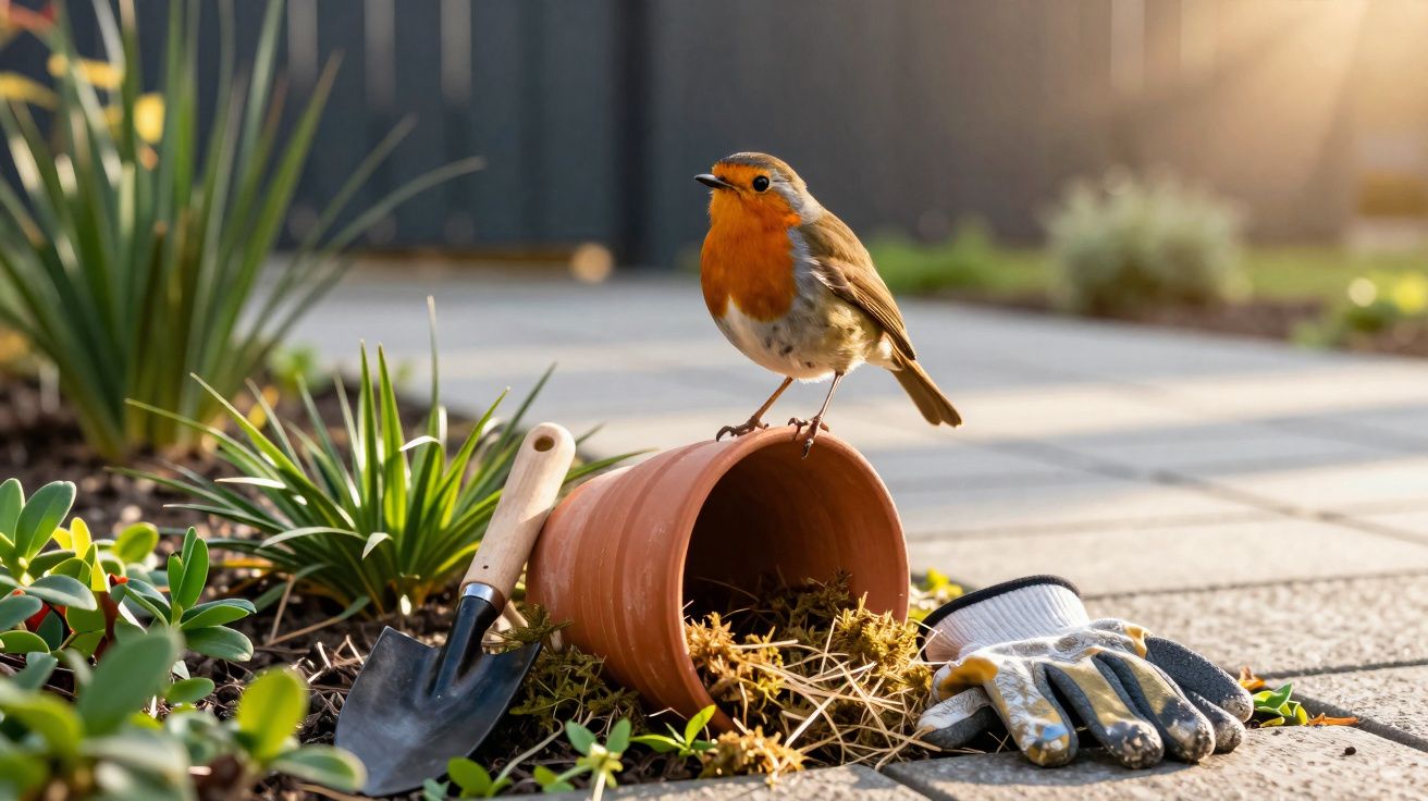 Pássaro com peito laranja pousado numa planta caída junto a uma pá de jardinagem e luvas no chão do jardim.
