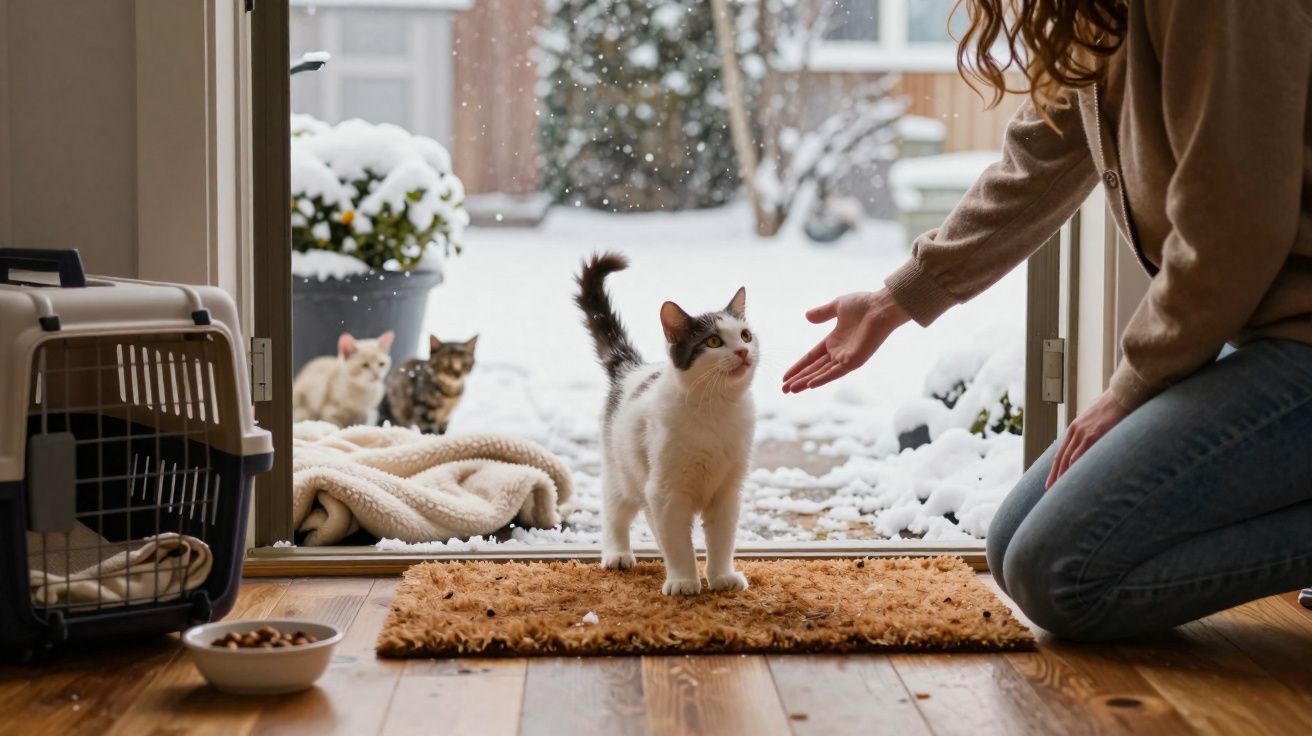 Pessoa estende a mão para gato branco e cinzento na entrada de casa com neve no exterior e outros gatos ao fundo.