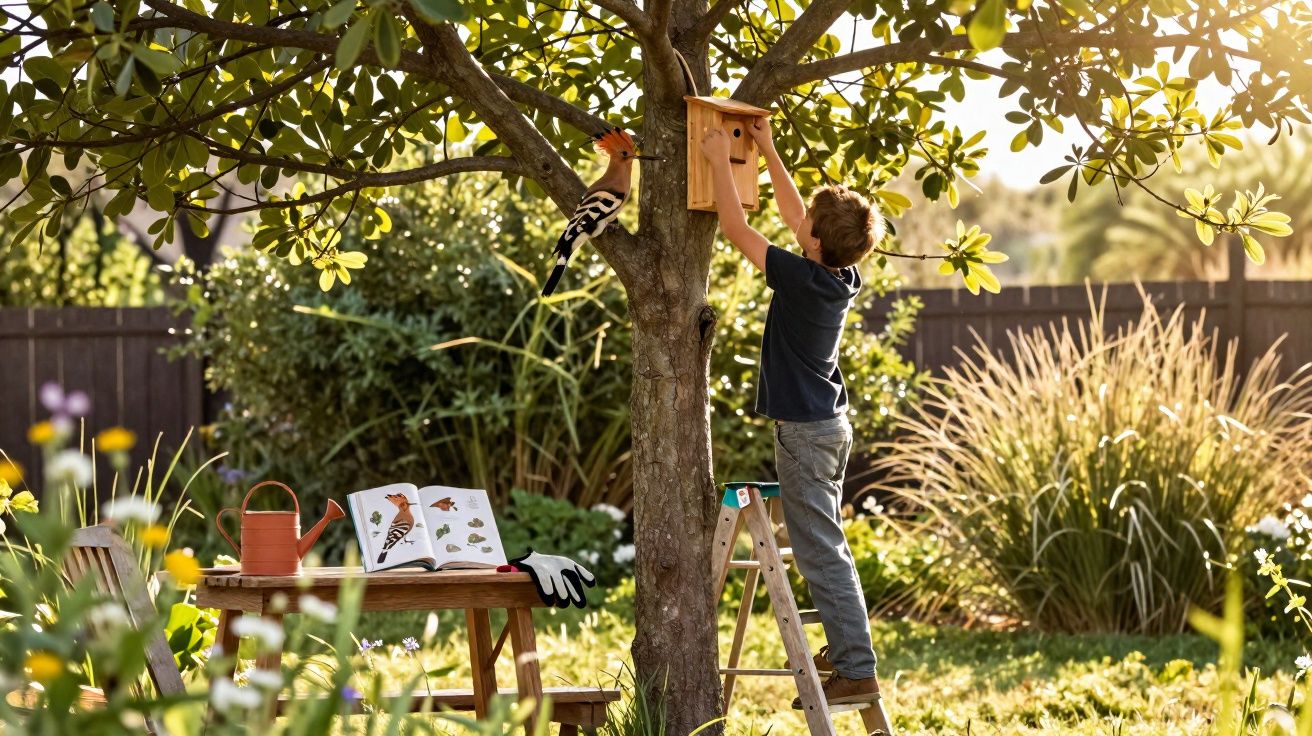 Criança na escada coloca casa de pássaros numa árvore enquanto um pássaro observa no jardim ensolarado.