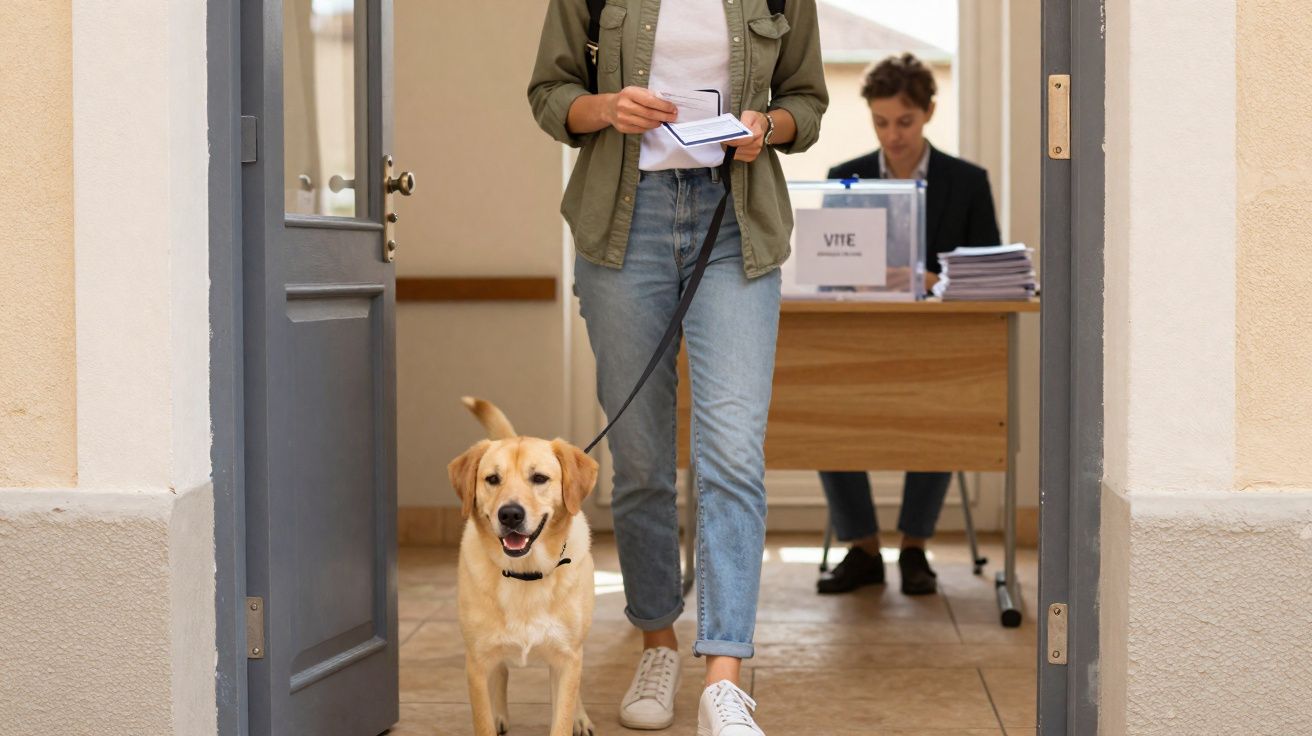 Pessoa com cão guia a sair de sala de votação com mesa e urna ao fundo, sinal de eleição acessível.