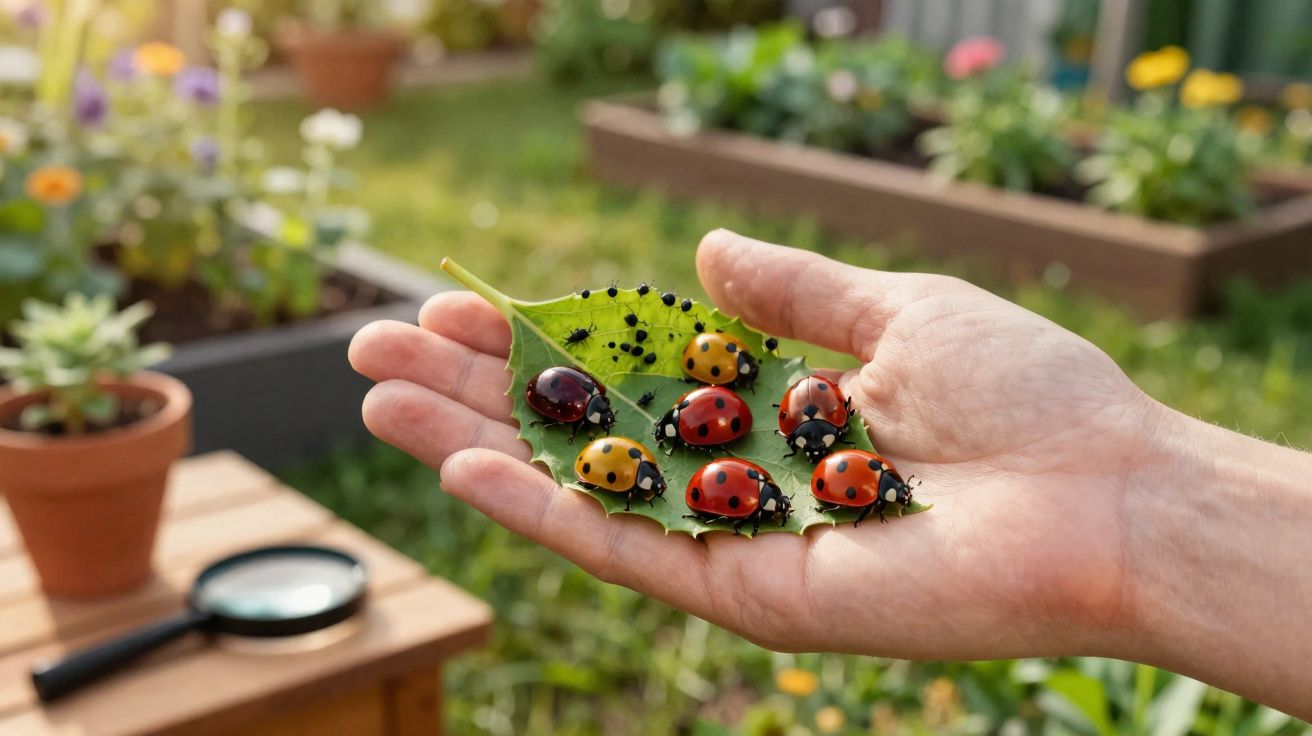 Mão segura folha com várias joaninhas coloridas e pequenos insetos pretos num jardim desfocado ao fundo.