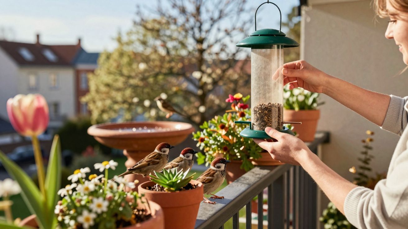 Pessoa a alimentar passarinhos com sementes num alimentador num varandas com plantas e flores.