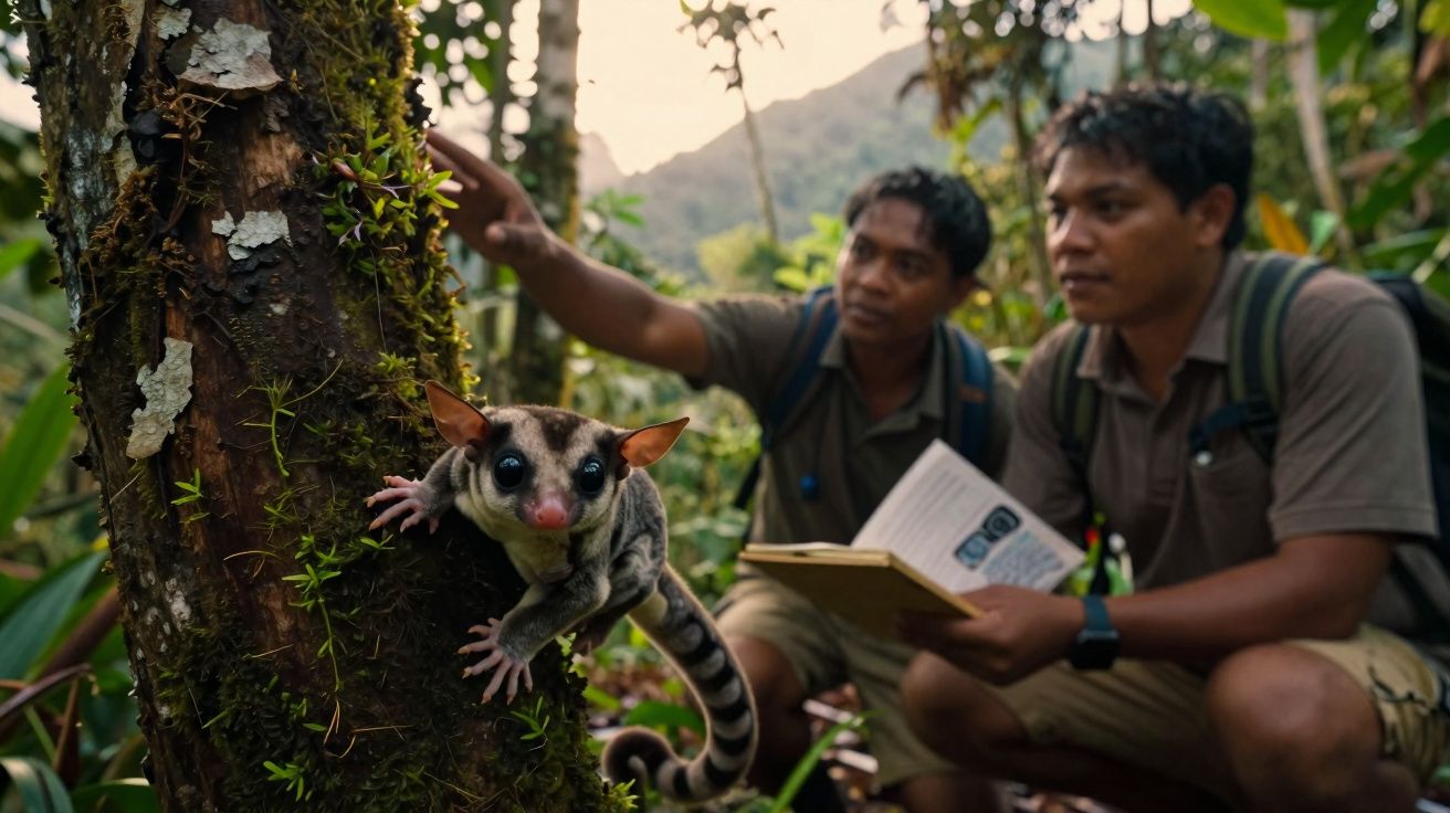 Bicho-preguiça-de-olhos-grandes num tronco com dois homens a observar e a apontar na floresta densa.