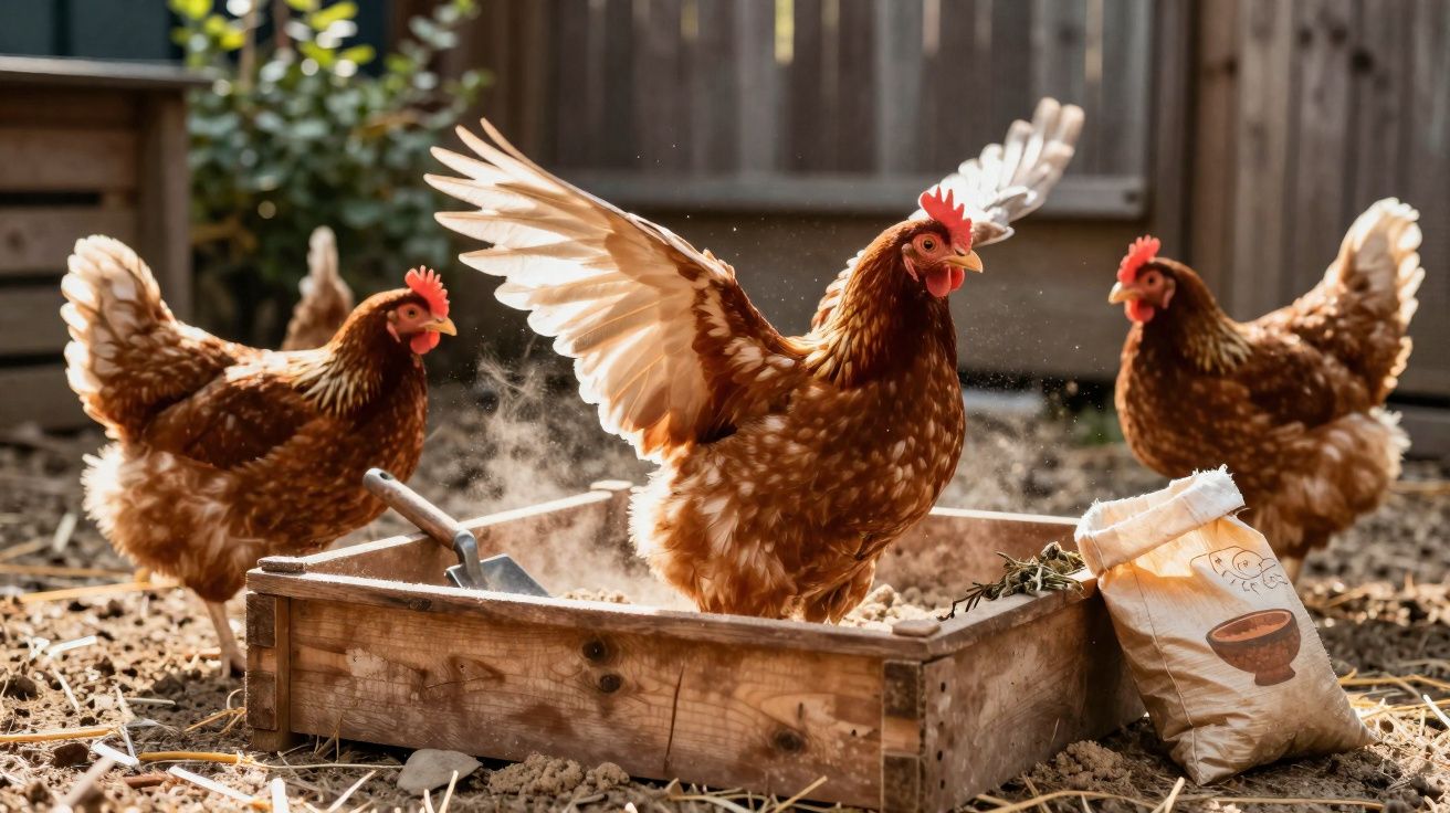 Três galinhas castanhas num galinheiro em terra, com uma dentro de uma caixa de madeira a bater as asas.