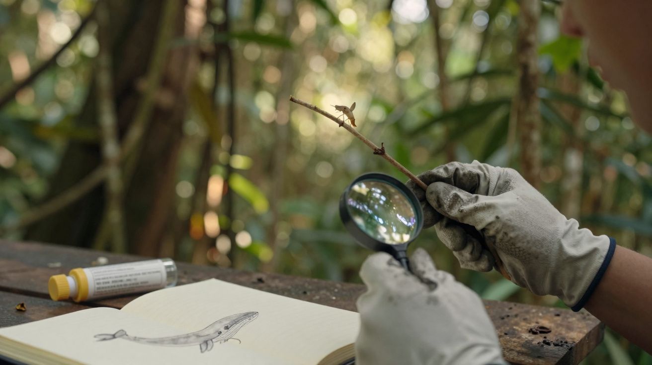 Pessoa com luvas a examinar um ramo com lupa, caderno com desenho de peixe e tubo de ensaio numa mesa ao ar livre.