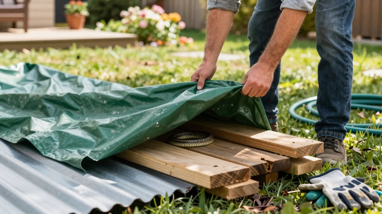 Pessoa a cobrir tábuas de madeira com lona verde num jardim com cano e luvas no chão.