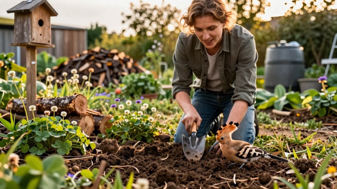 Mulher a jardinar com uma pá pequena enquanto um pássaro colorido está no solo ao seu lado.