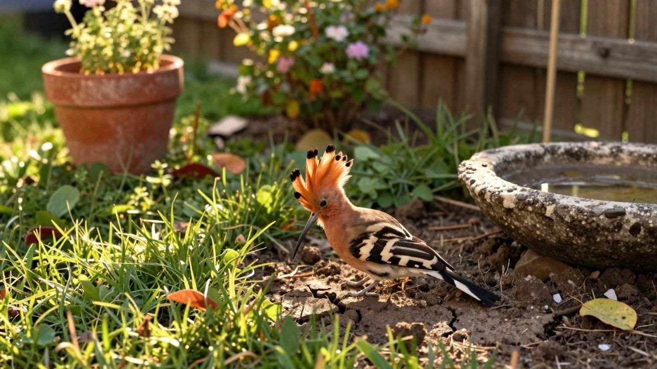 Pássaro com penacho alaranjado no chão de jardim com plantas, vaso de barro e bebedouro de pedra.