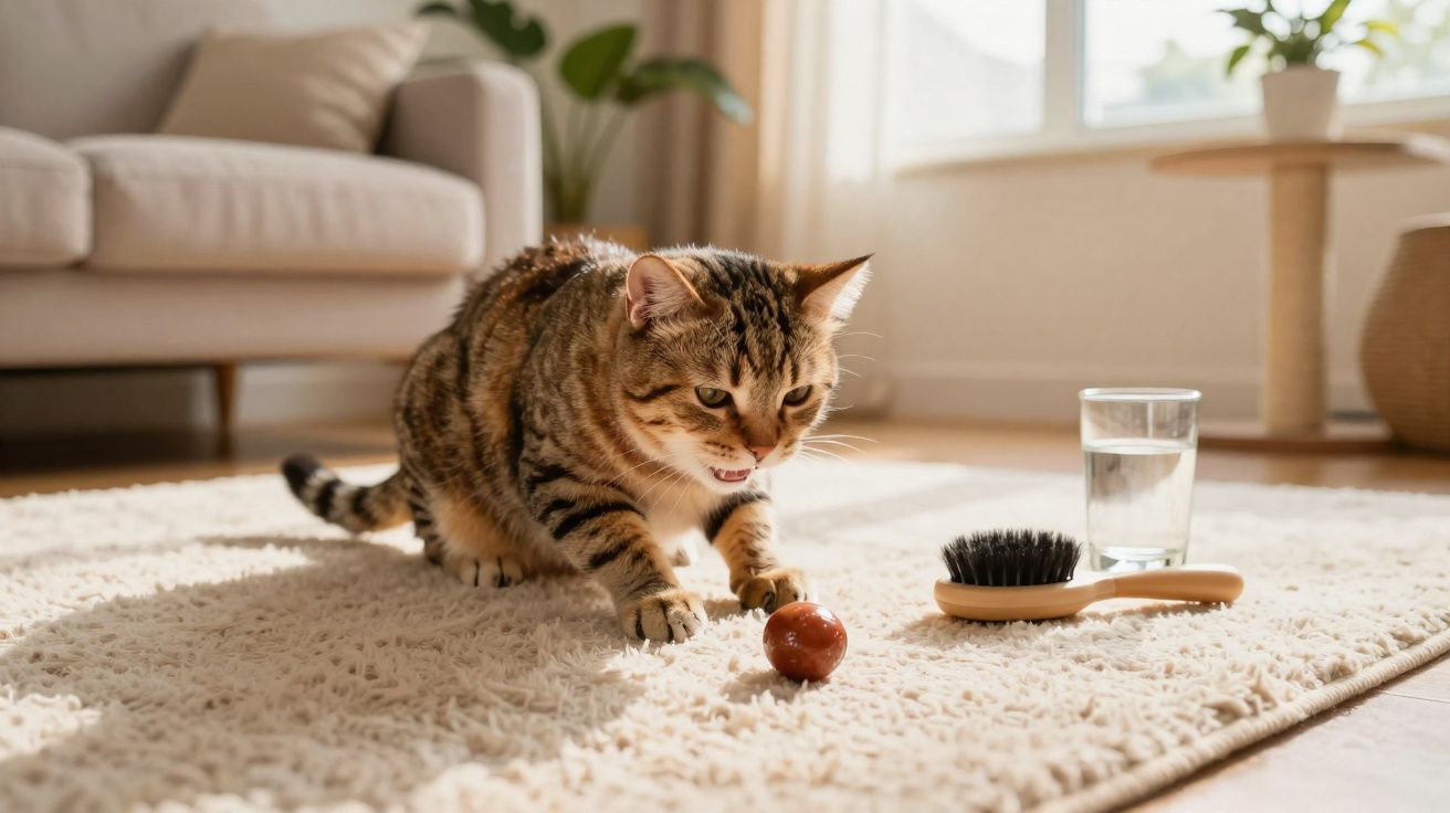 Gato malhado aninhado num tapete claro a fingir brincar com bola marrom numa sala iluminada.