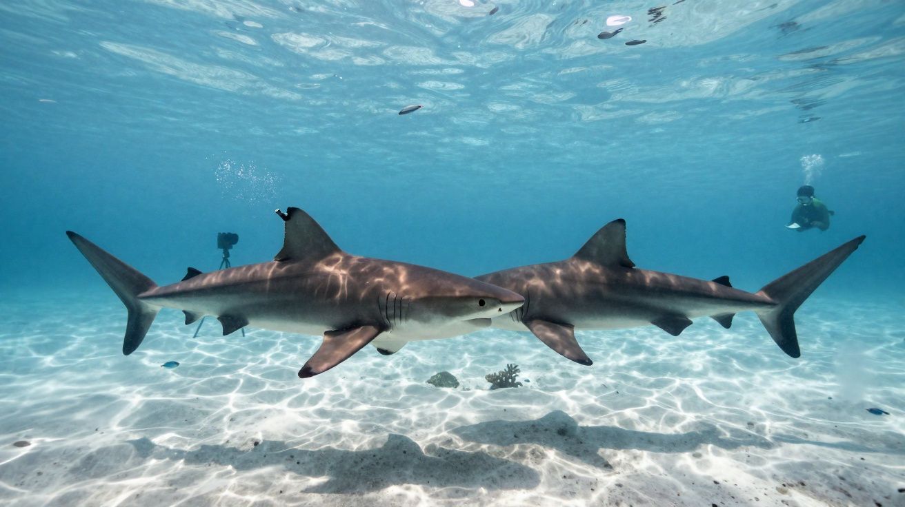 Dois tubarões nadando próximos no fundo do mar com um mergulhador ao fundo e reflexos de luz na areia.