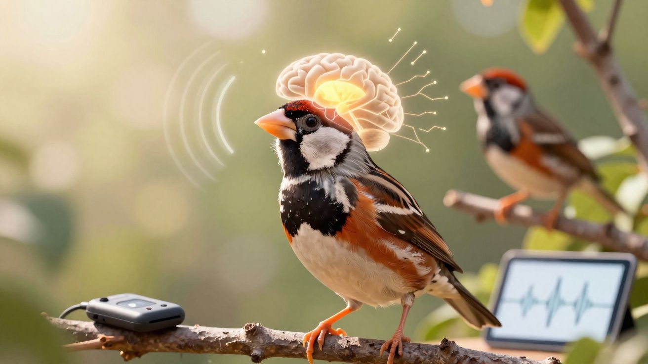 Pássaro numa árvore com ilustração de cérebro e ondas sonoras, ligado a equipamento de monitorização.