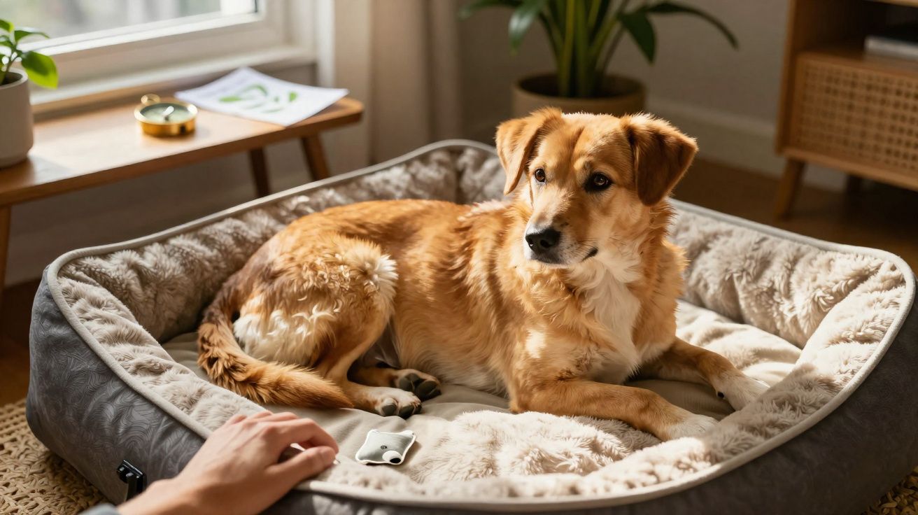 Cão castanho deitado numa cama confortável junto a uma janela, com uma mão humana próxima.