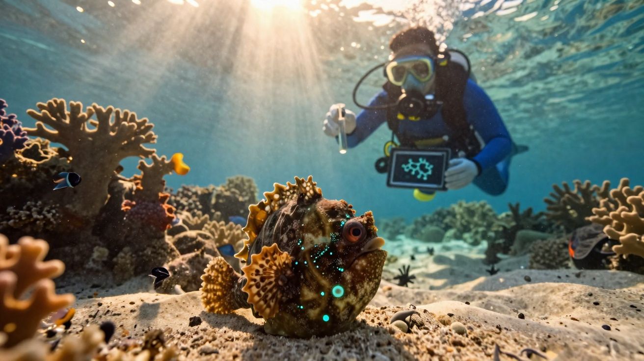 Mergulhador a observar peixe com manchas luminosas num recife de coral iluminado pela luz do sol.