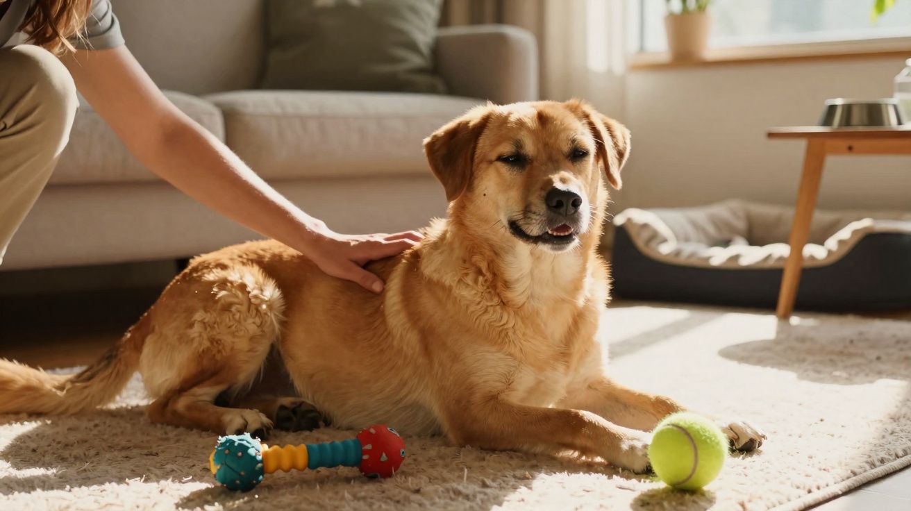 Cão castanho deitado numa sala iluminada, com brinquedos e pessoa a fazer-lhe festas no dorso.
