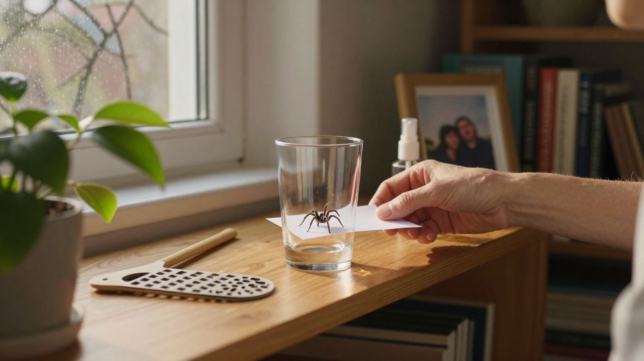 Mão a colocar papel para capturar aranha dentro de um copo num mueble junto a janela com planta e livros.