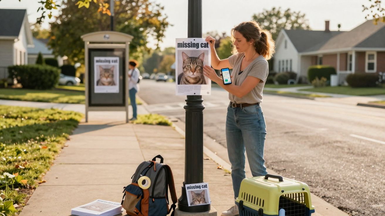 Mulher a colar cartazes de gato perdido num poste numa rua residencial, com mochila e transportadora no chão.