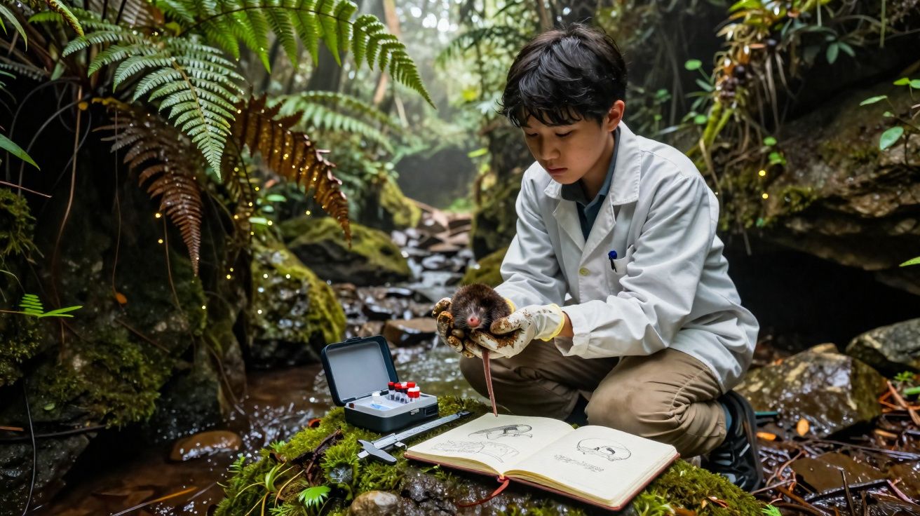 Menino cientista a estudar animal com livro e material de laboratório numa floresta húmida.
