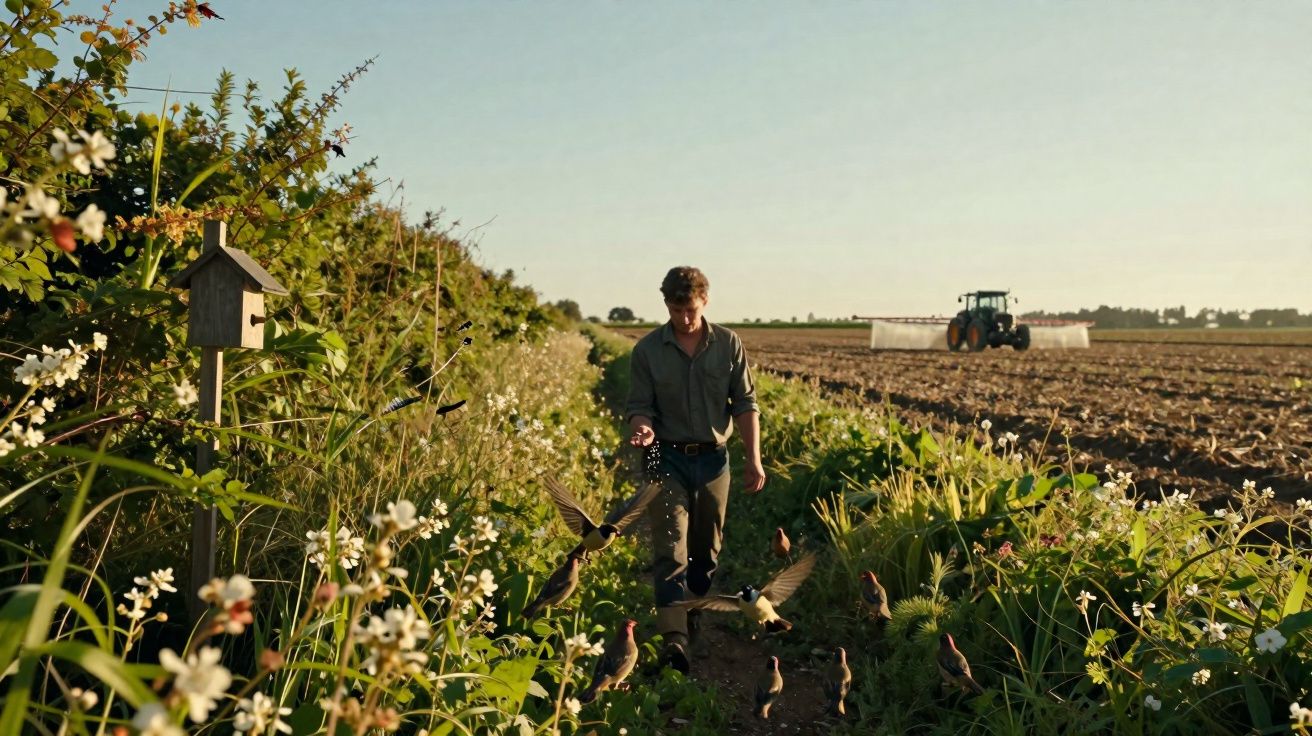 Homem alimenta pássaros num caminho entre vegetação e campo arado com trator ao fundo ao entardecer.