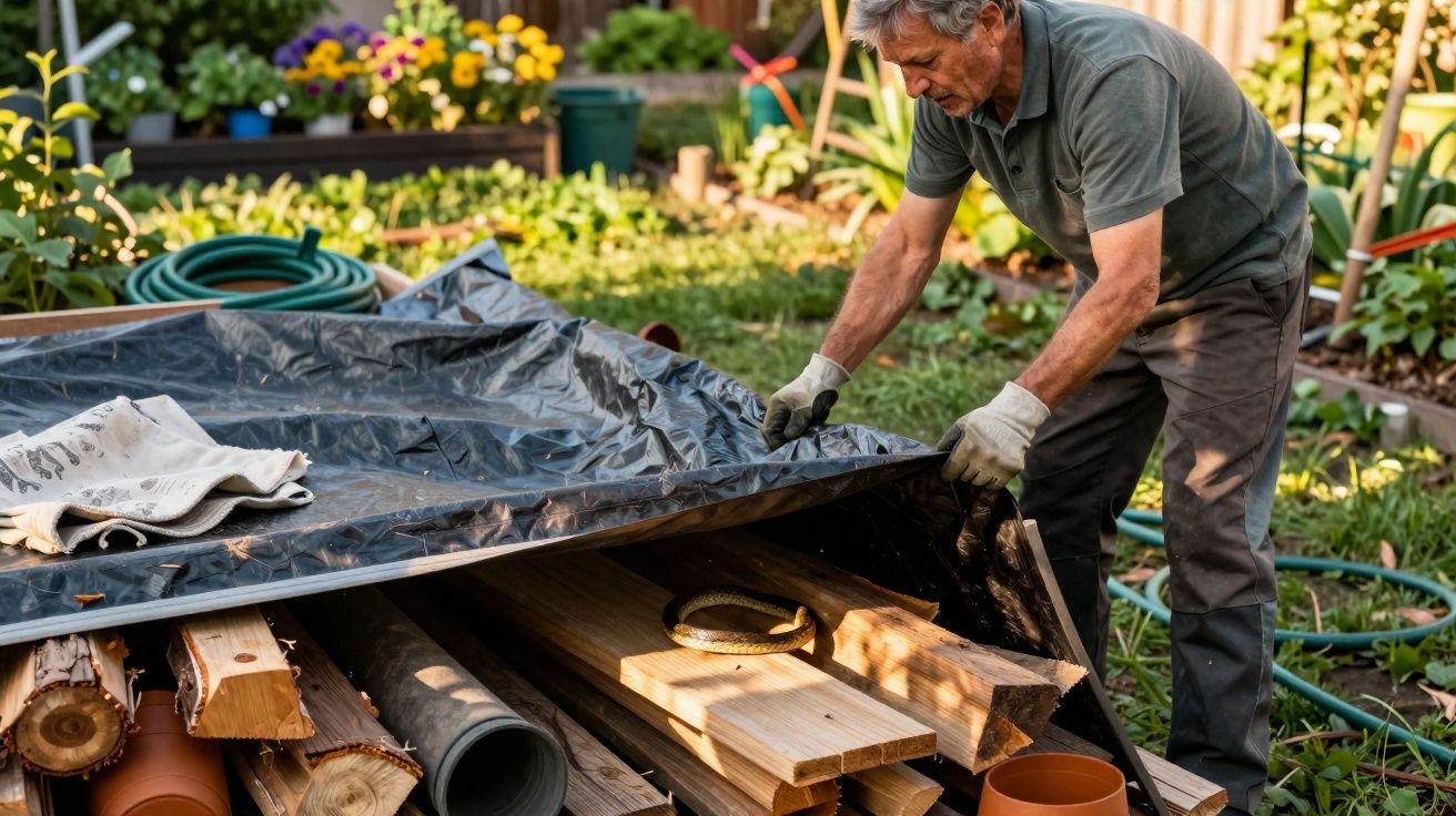 Homem a levantar lona preta que cobre madeira armazenada num jardim, revelando uma cobra escondida.