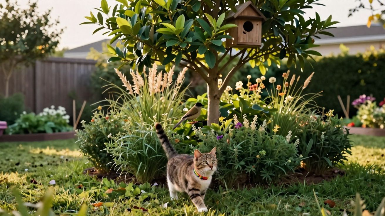 Gato de colar colorido caminha na relva junto a um canto de jardim com arbustos floridos e uma casinha de pássaros.