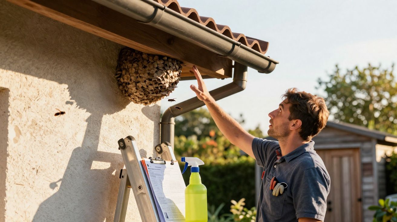 Homem inspeciona ninhal de vespas num canto exterior de parede de casa com escada e produtos de limpeza.