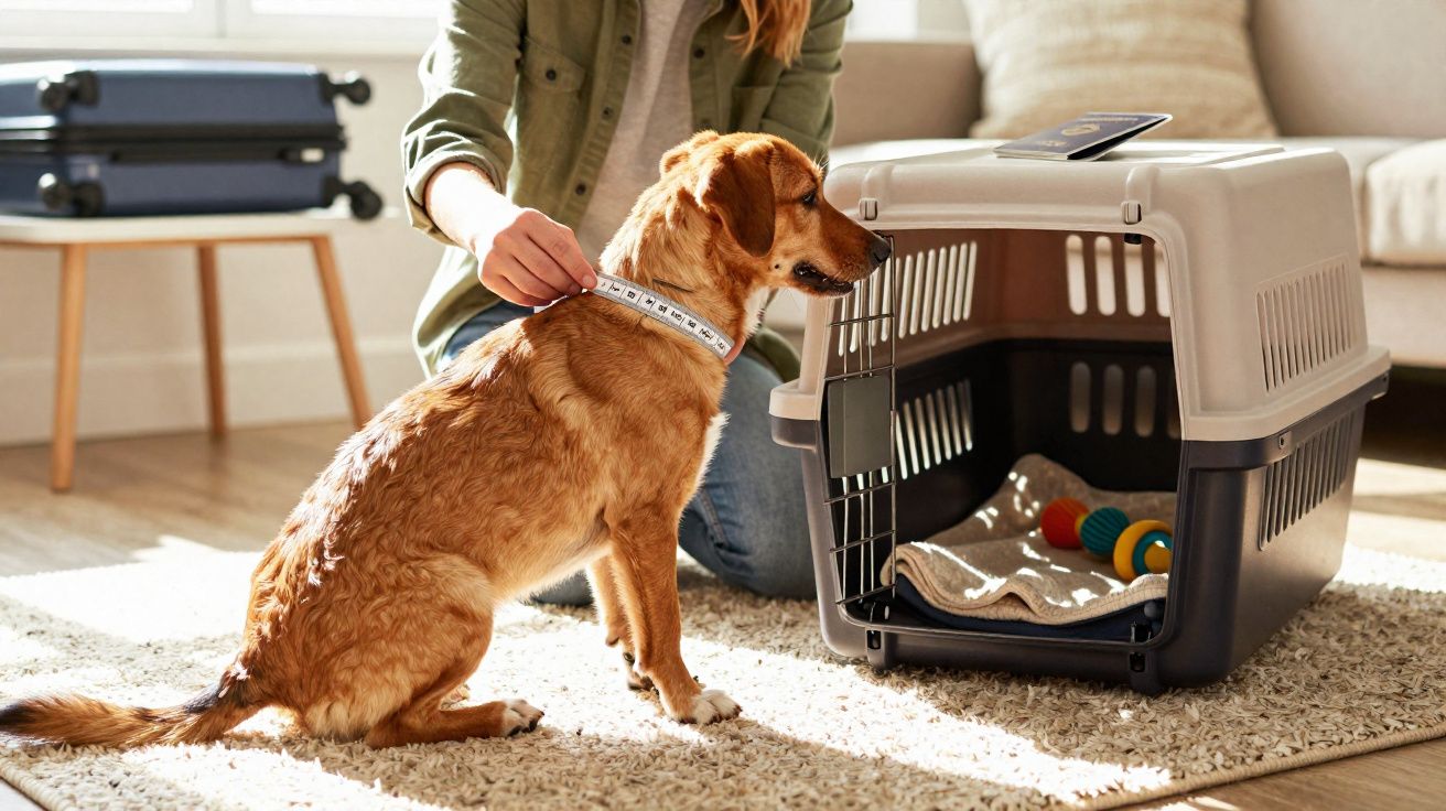 Pessoa a medir o pescoço de um cão castanho junto a uma transportadora de animais num ambiente interior.