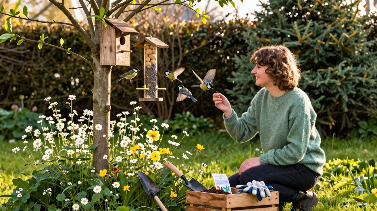 Pessoa sorridente alimenta pássaros junto a casa de aves pendurada numa árvore num jardim florido.