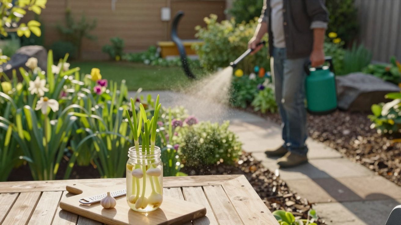 Pessoa a pulverizar plantas num jardim com jarra de vidro com brotos de alho em primeiro plano numa mesa.