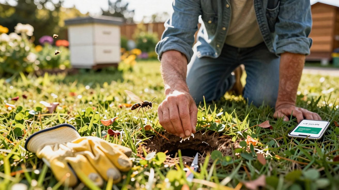 Pessoa sem luvas a alimentar abelhas num campo com luvas amarelas e telemóvel ao lado.