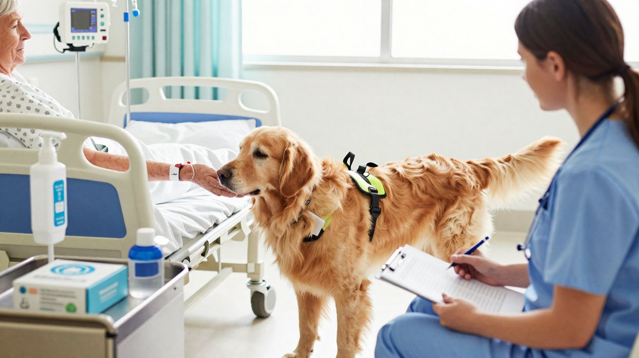 Cão de terapia numa consulta hospitalar, a interagir com paciente deitada na cama e enfermeira a observar.